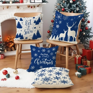 Christmas pillow covers set with blue deer and snowflakes on linen for sofa decor