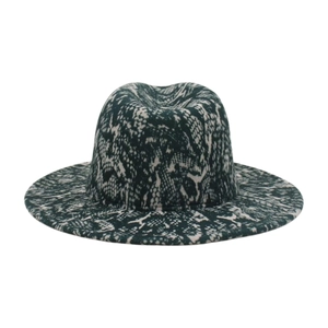 Flat brim Fedora hat featuring dark green and grey snakeskin pattern for men and women