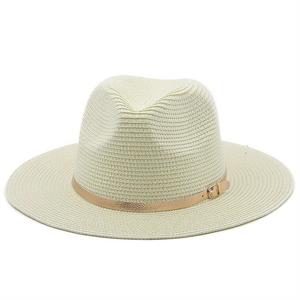 Detailed view of cream straw fedora hat with gold leather band and metallic buckle