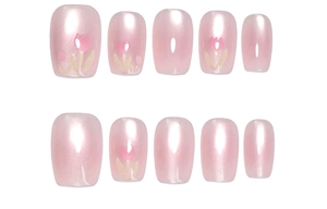 Détails de faux ongles rose perlé avec motifs floraux de tulipes peints à la main