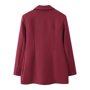 Back view of a professional slim-fit burgundy blazer with waist darts and sleeve button details