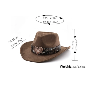 Detailed size specifications of brown suede fedora with heart buckle paisley belt