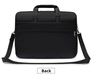 Detailed back view of a black oxford business bag with zipper pocket and shoulder strap
