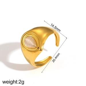 Detailed view of gold cat eye stone ring with dimensions 14.5mm width and 2g weight