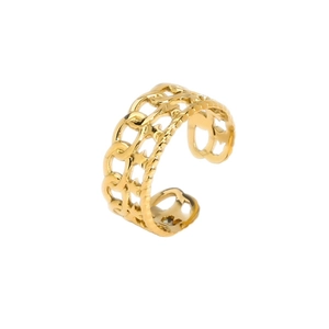 Gold titanium steel double-layer ring with star cutouts and Cuban chain texture