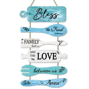 Coastal blue wooden kitchen wall decor with kitchen utensil shapes and family blessing quote