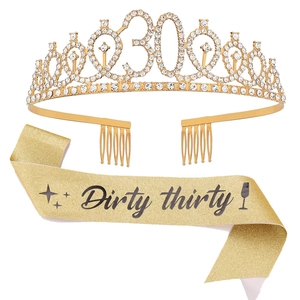 Detail of gold rhinestone 30th birthday crown and Dirty Thirty glitter sash set