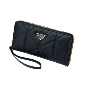 Black quilted PU leather long wallet with gold zipper and wrist strap on white background