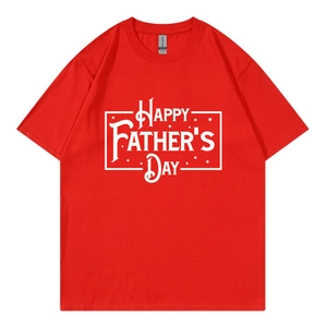 Detail shot of a red cotton T-shirt featuring white Happy Father's Day print lettering