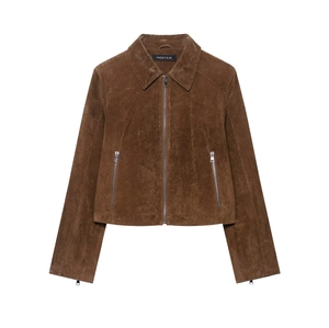 Veste Courte En Daim Pour Femmes Fermeture Éclair Col À Revers Manches Longues Faux Daim Couleur Unie