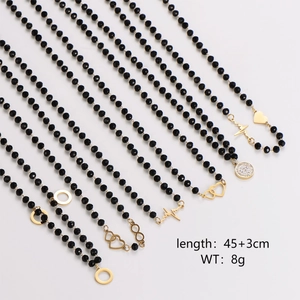 Pendant Necklace Black Faceted Glass Beads Gold Plated Stainless Steel EKG Heart Infinity Circle Simple Jewelry For Women
