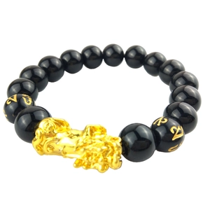 Obsidian style beaded bracelet with gold Pi Xiu and Six-Syllable Mantra charms