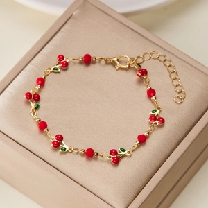 Women Charm Bracelet Copper Gold Plated Heart Cherry Flower Zircon Inlaid Adjustable Chain Jewelry Trendy Elegant
