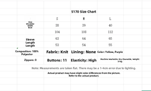 Größentabelle für Strickjacke mit Maßen für S, M und L in Zentimetern und Details
