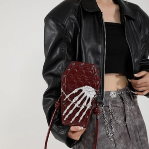 Coffin Shaped Shoulder Bag Gothic Punk PU Leather With Skull Embossing And 3D Skeleton Hand Decor For Women