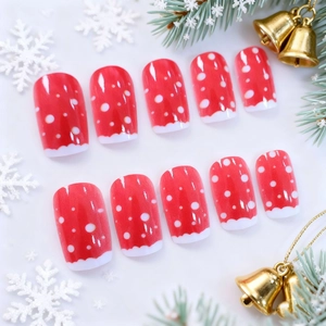24pcs Christmas press-on nails set with red white polka dots and snowman tree designs