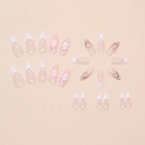 French tip almond press-on nails with pink flowers and gold star designs, 24 pieces
