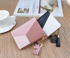 Short zipper wallet with color contrast design and cute rabbit tassel pendant charm