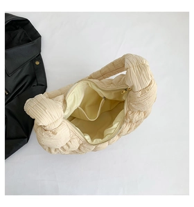 Detail view of cream pleated bag interior with zipper pocket and golden hardware