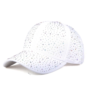 Close-up of white baseball cap featuring vibrant multi-color rhinestones on fabric