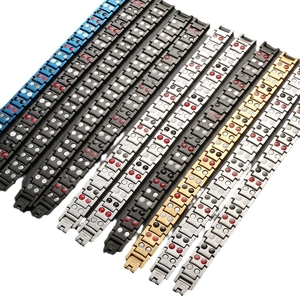 Men's titanium steel bracelet with double row ion magnets in black, gold and silver
