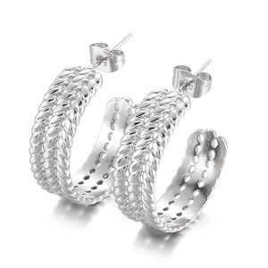 Silver C-shape vintage woven wheat pattern hoop earrings in polished stainless steel