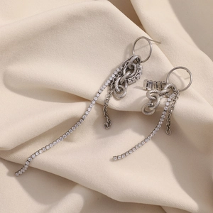 Silver-plated stainless steel earrings with long zircon tassels and chain detail