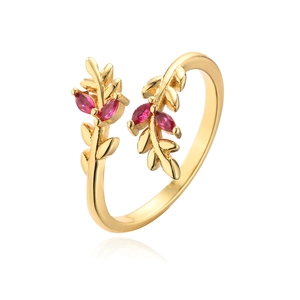 Gold plated geometric leaf open ring with red marquise zircon accents for women
