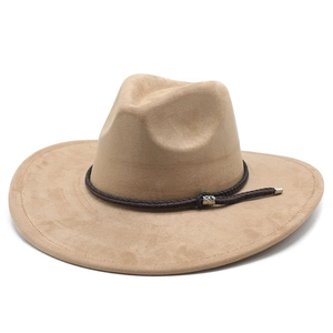 Detail of khaki faux suede fedora hat with a brown braided rope band and silver accents