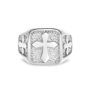 Mens vintage silver stainless steel cross ring with textured hammered pattern detail