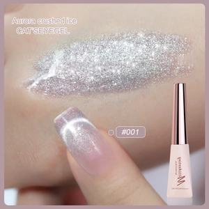Macro shot of silver aurora cat-eye gel polish #001 with sparkling crushed ice effect