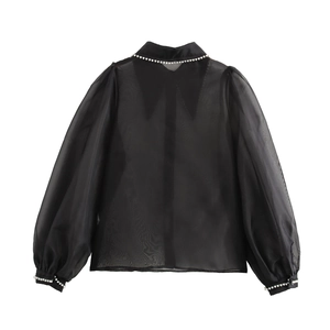 Elegant black organza shirt for women featuring pearl beaded collar and puff sleeves back view