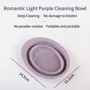 Detailed top view of light purple silicone makeup brush cleaning bowl with textured surface