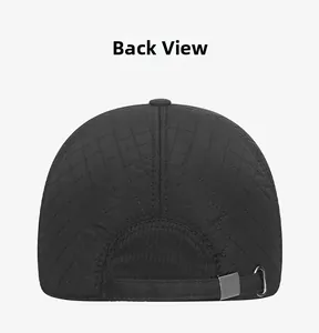 Rear view of black quilted baseball cap showing metal adjustment buckle and stitch detail