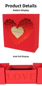 Macro detail of red heart gift box with Everlasting Love metal plate and velvet interior