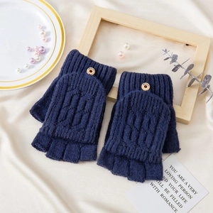 Men's navy blue flip-top knitted mittens with warm sheep wool and thick fleece lining