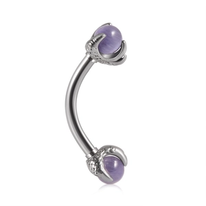 Dragon claw curved barbell piercing with purple cat eye stone in stainless steel