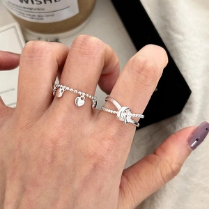 S925 sterling silver adjustable heart charm chain ring and knotted bead ring set