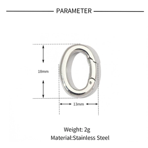 Macro detail of 18mm stainless steel oval spring clasp with precise size measurements