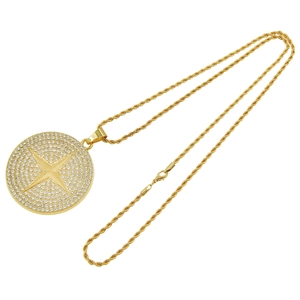 Hip hop gold plated rope chain necklace with iced out cz star round medallion pendant