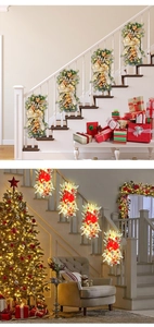Christmas stair swags with LED lights in gold and red themes featuring pine cones and bows