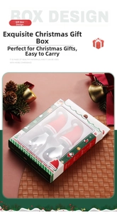 Close-up of Christmas themed kids spoon and fork set with silicone Santa hat handles