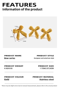 Size chart for golden bowknot stainless steel jewelry showing product dimensions and weight