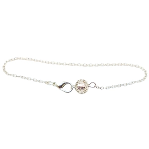 Silver lobster clasp chain necklace with hollow spherical charm on white background