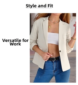 Detail of slim fit beige blazer showing classic lapel and single button closure