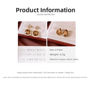 Detailed comparison of vintage zircon drop earrings with specific sizes and material specs