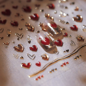 Starry moon heart nail art stickers with red and gold metallic 3D embossed designs