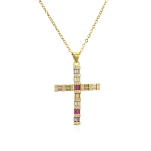Gold 18K plated cross necklace with colorful zircon stones and delicate cable chain