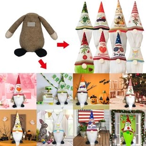 Detail view of plush gnome doll set with eight interchangeable festive themed hats