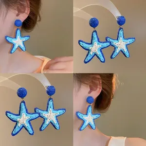 Gewebte Seestern Ohrhänger Mit Legierung Pfosten Boho Bast Sommer Strand Stil Blau Weiß Statement Schmuck Für Damen